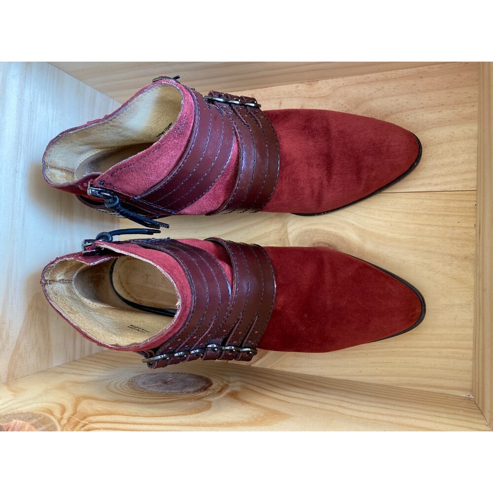 L.A.M.B. Nanetta Merlot Suede & Leather Strap Hearts Buckle Ankle Booties Size 6 - Picture 2 of 12
